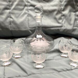 Vintage Etched Glass Clipper Ship Decanter Set: Romanian Toscany Nautical Decor